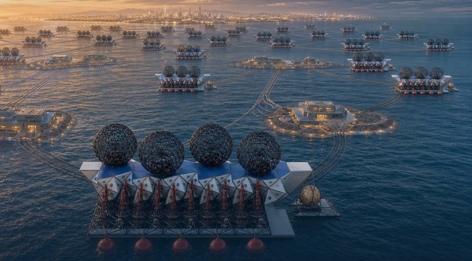 Rendering of several wave-powered compute platforms at sea at dusk, each carrying large composite spheres